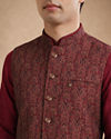 Manyavar Men Maroon Brocade Nehru Jacket with Jacquard