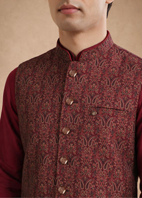 Manyavar Men Maroon Brocade Nehru Jacket with Jacquard