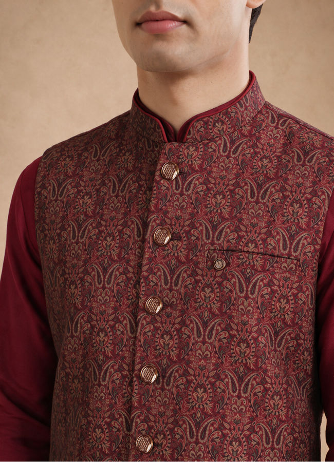 Manyavar Men Maroon Brocade Nehru Jacket with Jacquard
