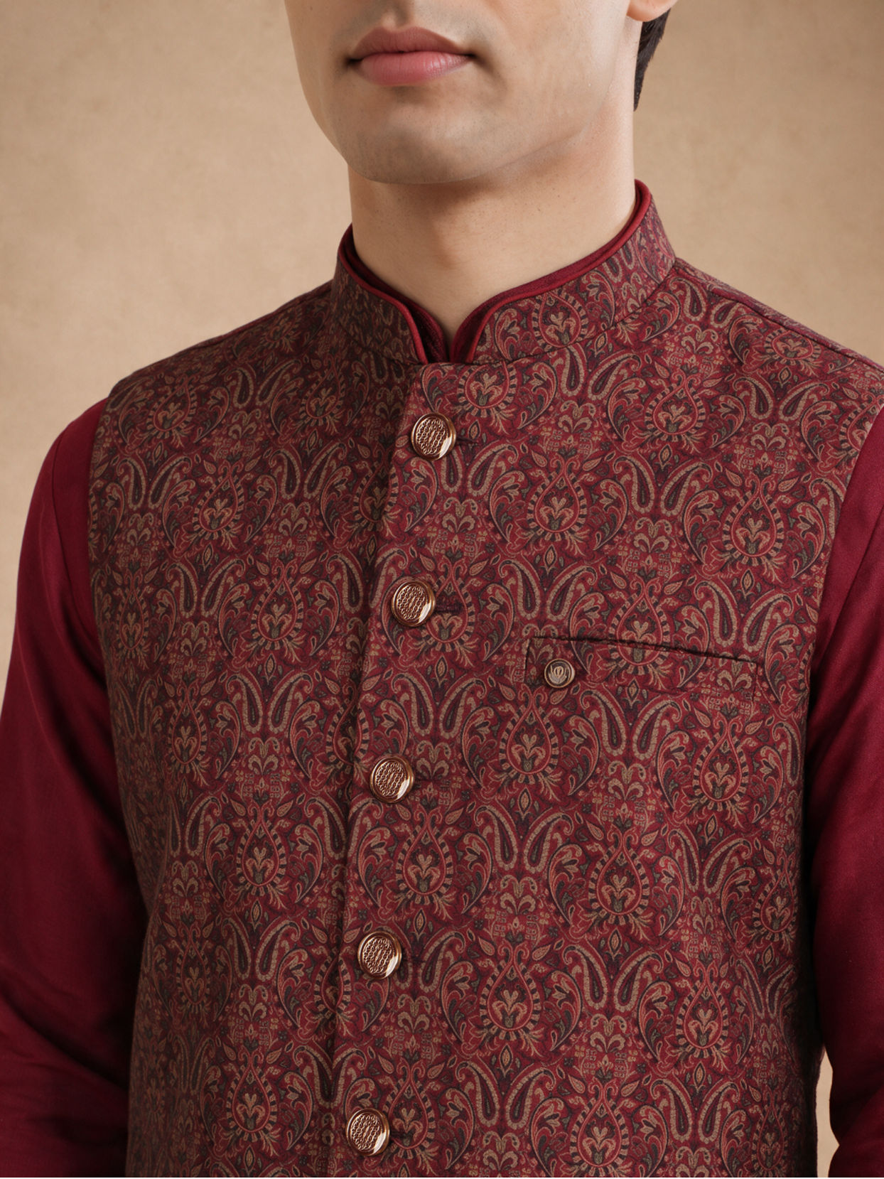 Manyavar Men Maroon Brocade Nehru Jacket with Jacquard