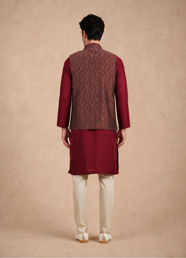 Manyavar Men Maroon Brocade Nehru Jacket with Jacquard