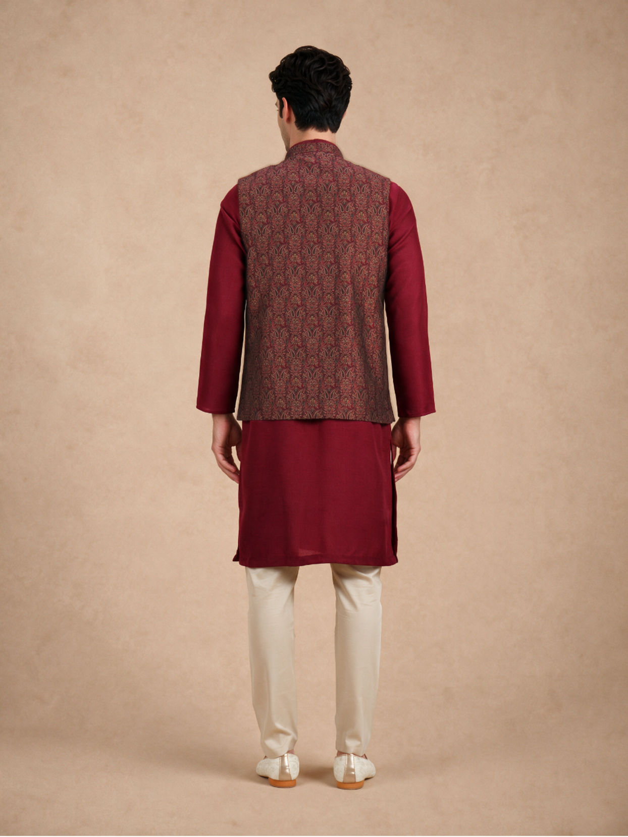 Manyavar Men Maroon Brocade Nehru Jacket with Jacquard
