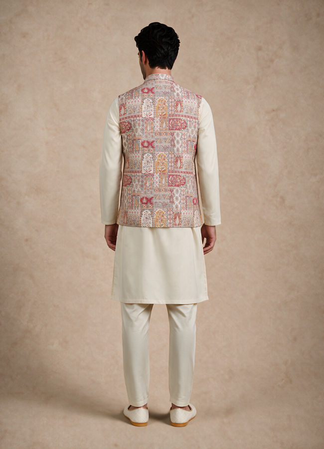 Manyavar Men Red Self-Textured Brocade Nehru Jacket