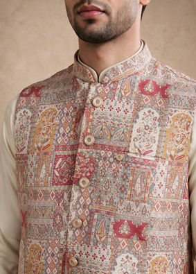 Manyavar Men Red Self-Textured Brocade Nehru Jacket