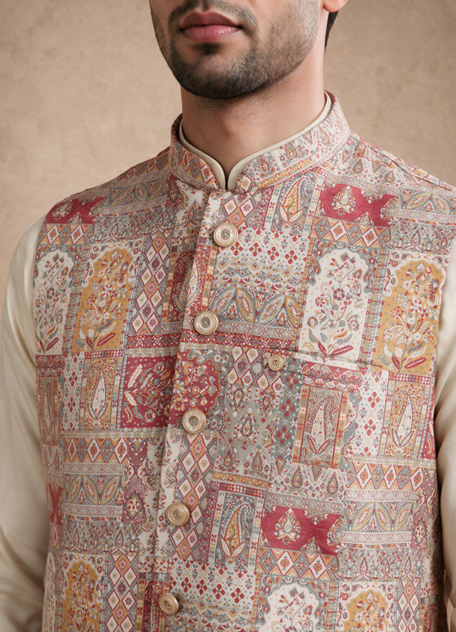 Manyavar Men Red Self-Textured Brocade Nehru Jacket