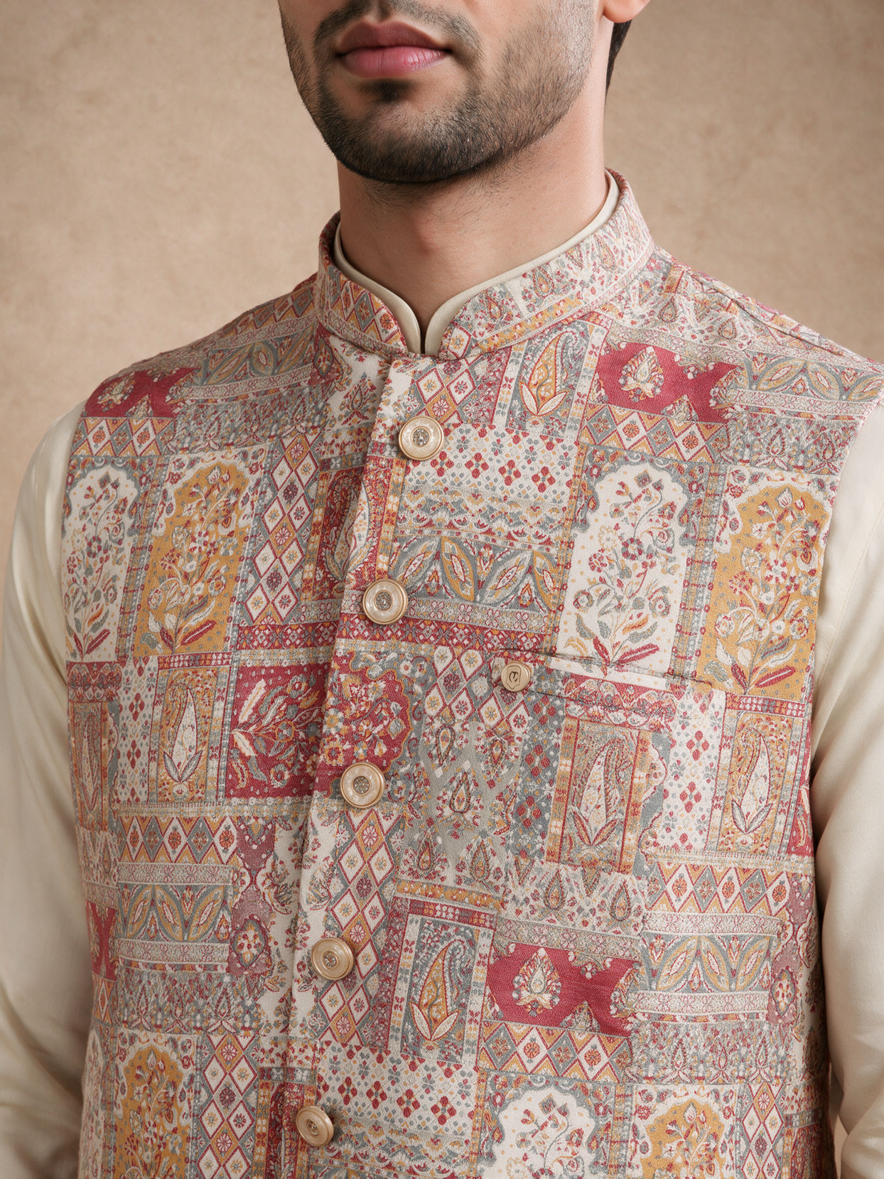 Manyavar Men Red Self-Textured Brocade Nehru Jacket