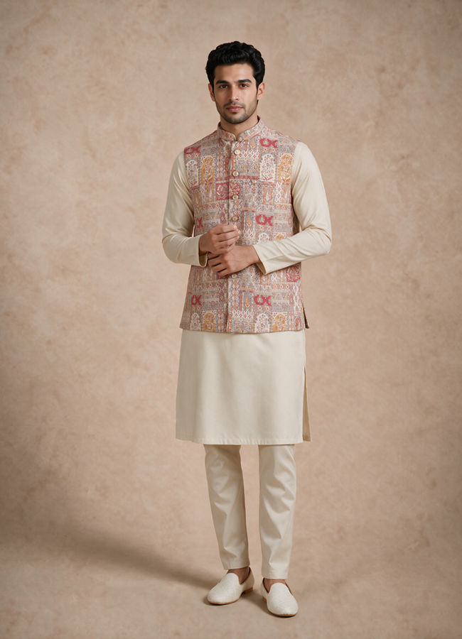 Manyavar Men Red Self-Textured Brocade Nehru Jacket