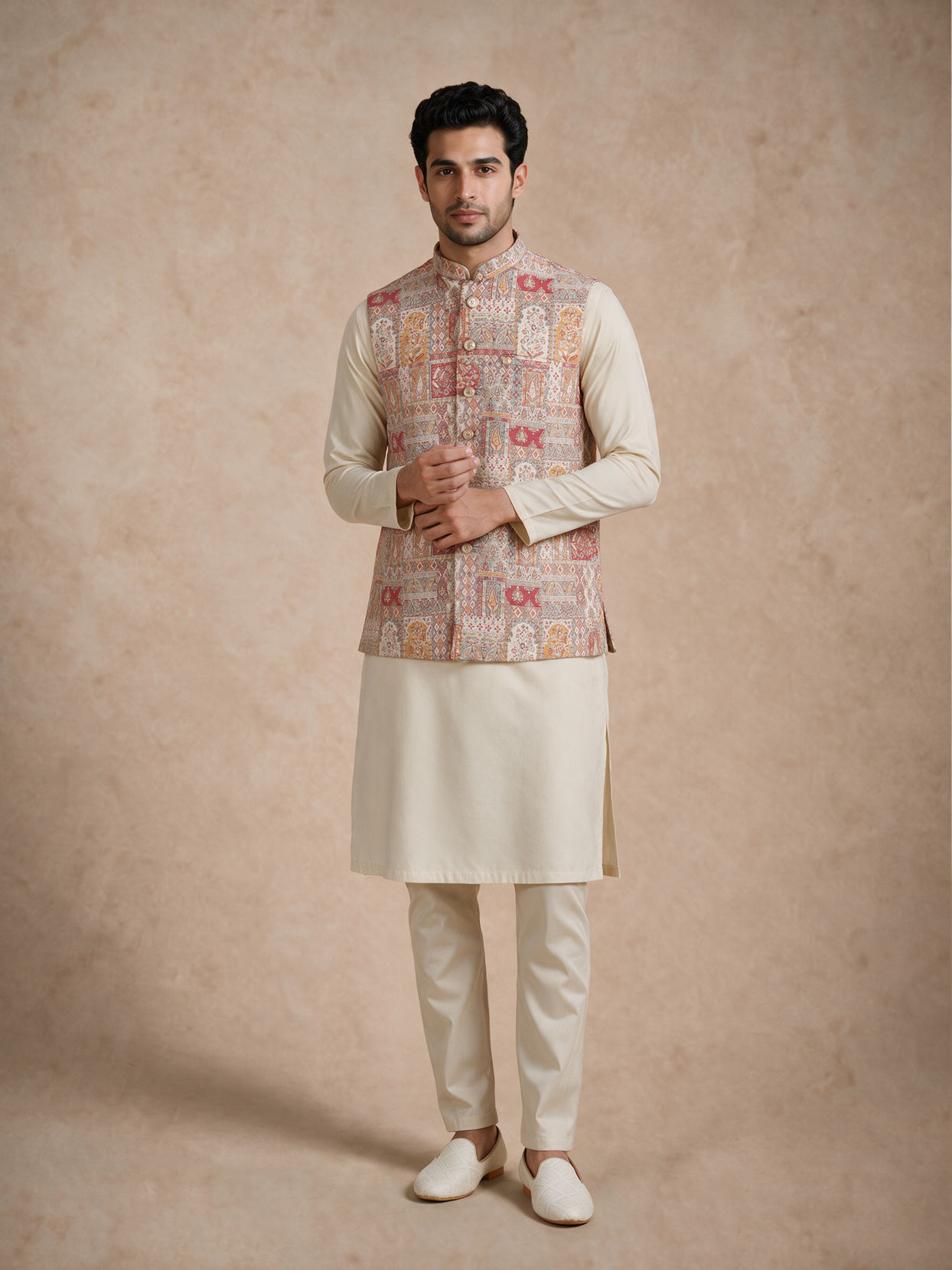 Manyavar Men Red Self-Textured Brocade Nehru Jacket