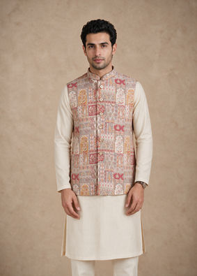 Manyavar Men Red Self-Textured Brocade Nehru Jacket