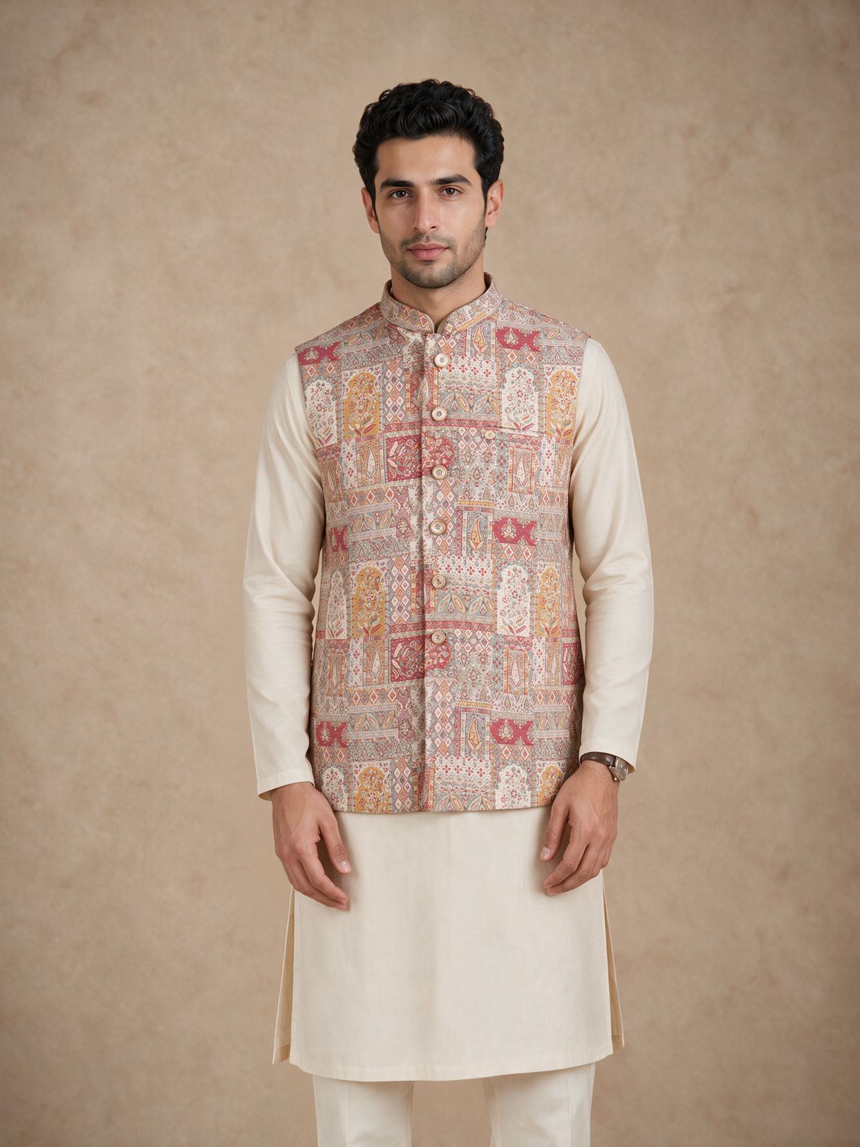 Manyavar Men Red Self-Textured Brocade Nehru Jacket