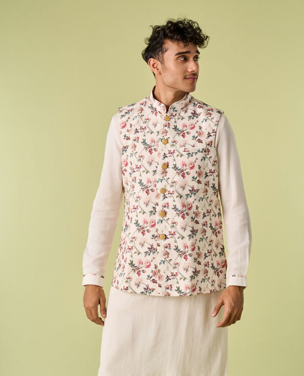 Diwas Men Light Cream Floral Print Kurta Jacket Set