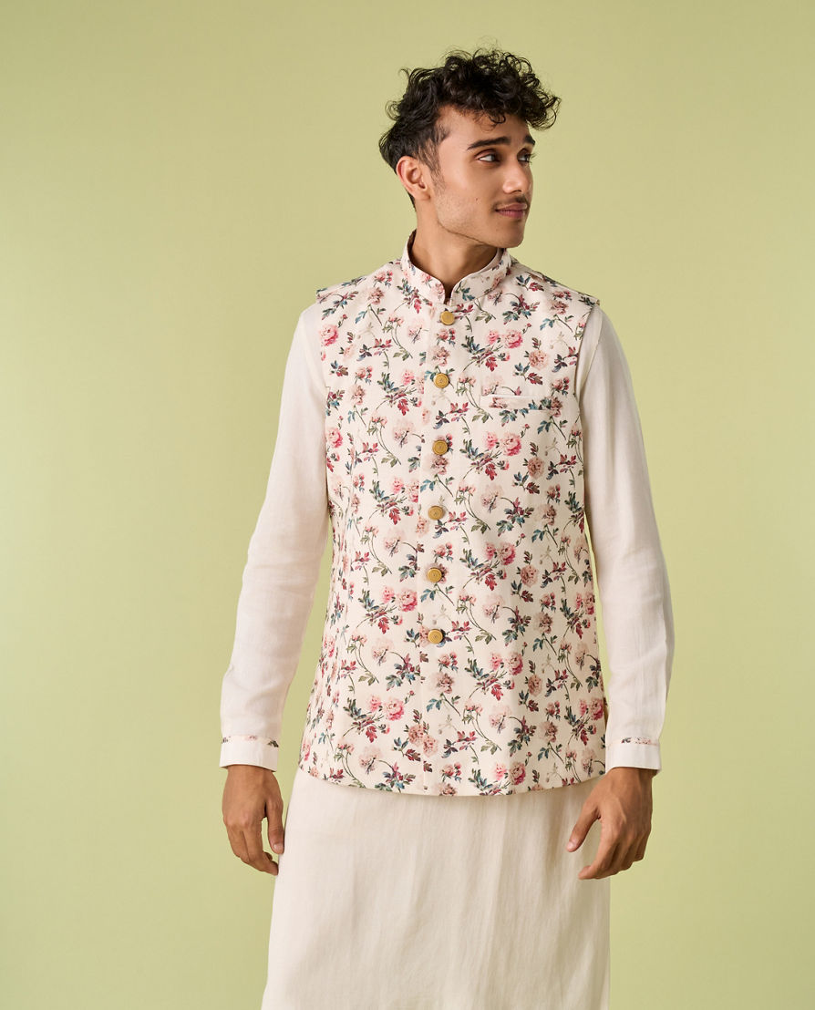Diwas Men Light Cream Floral Print Kurta Jacket Set