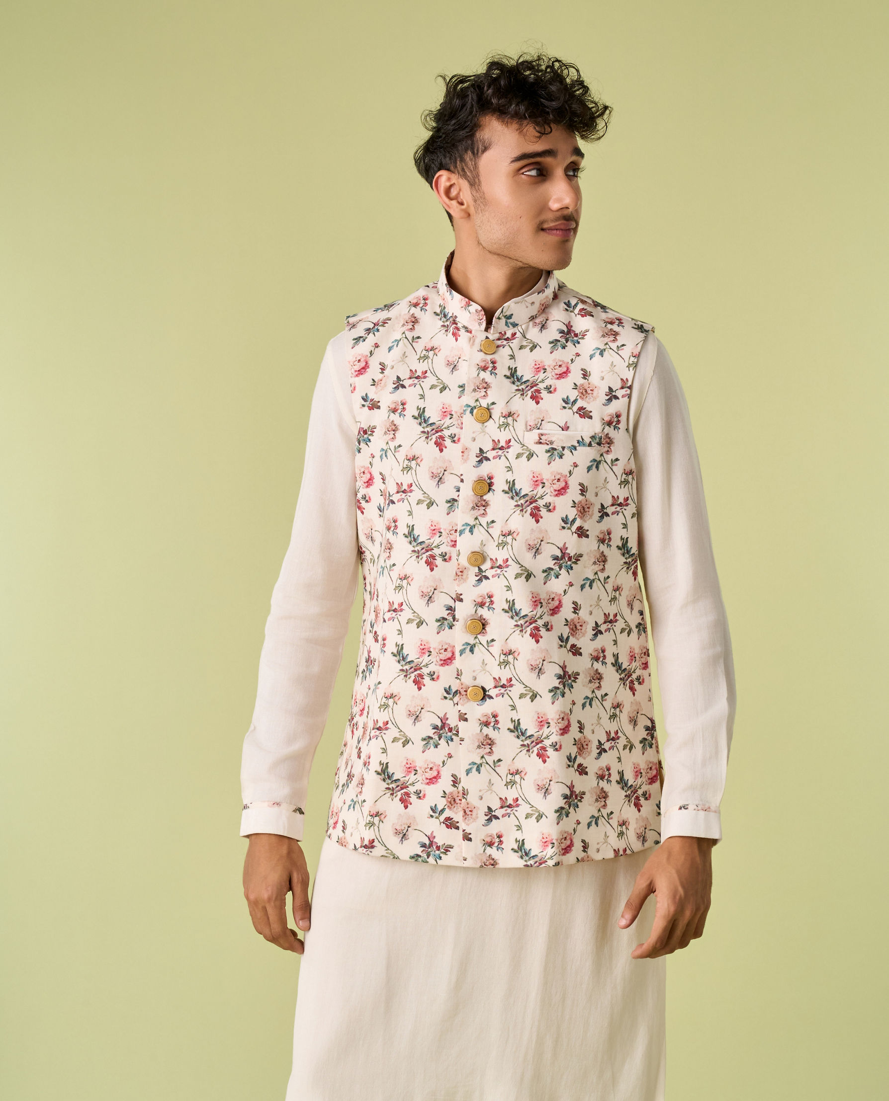 Diwas Men Light Cream Floral Print Kurta Jacket Set