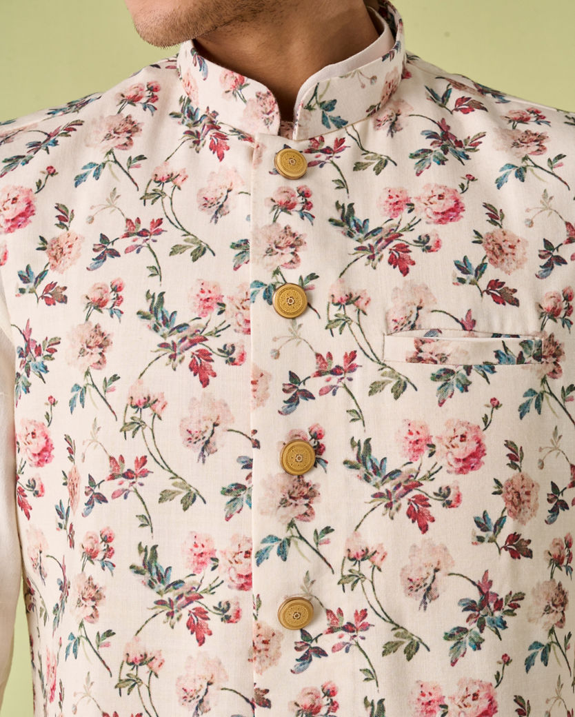 Diwas Men Light Cream Floral Print Kurta Jacket Set