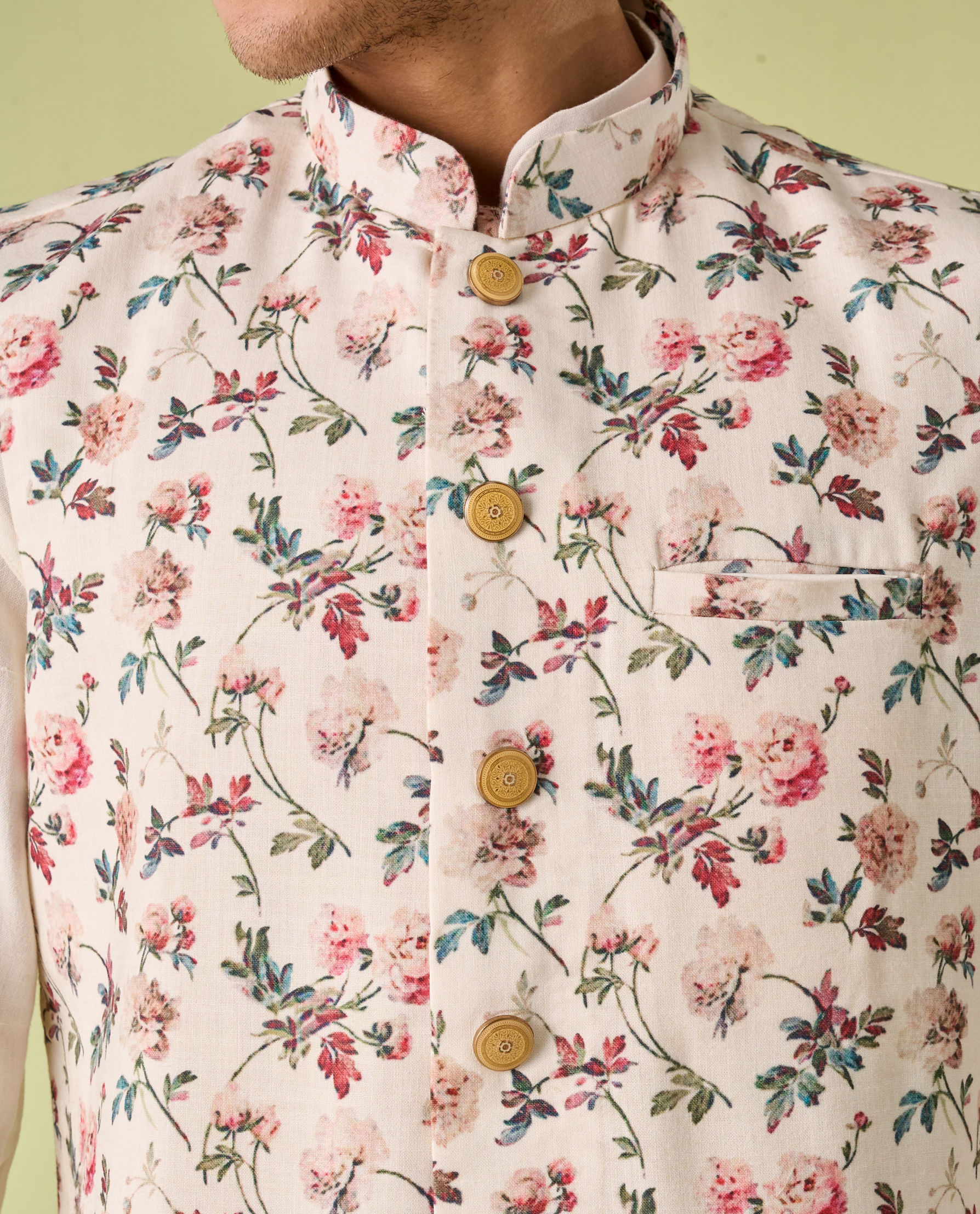 Diwas Men Light Cream Floral Print Kurta Jacket Set