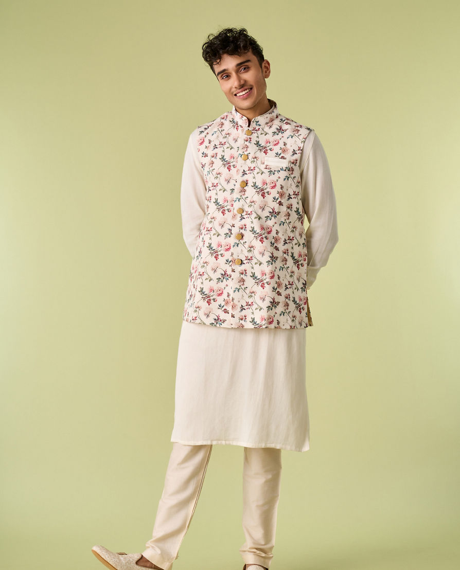 Diwas Men Light Cream Floral Print Kurta Jacket Set
