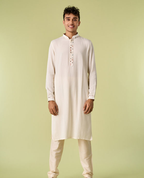 Diwas Men Light Cream Floral Print Kurta Jacket Set