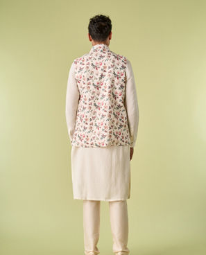 Diwas Men Light Cream Floral Print Kurta Jacket Set
