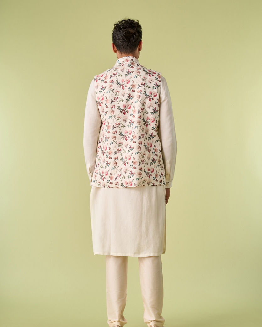 Diwas Men Light Cream Floral Print Kurta Jacket Set