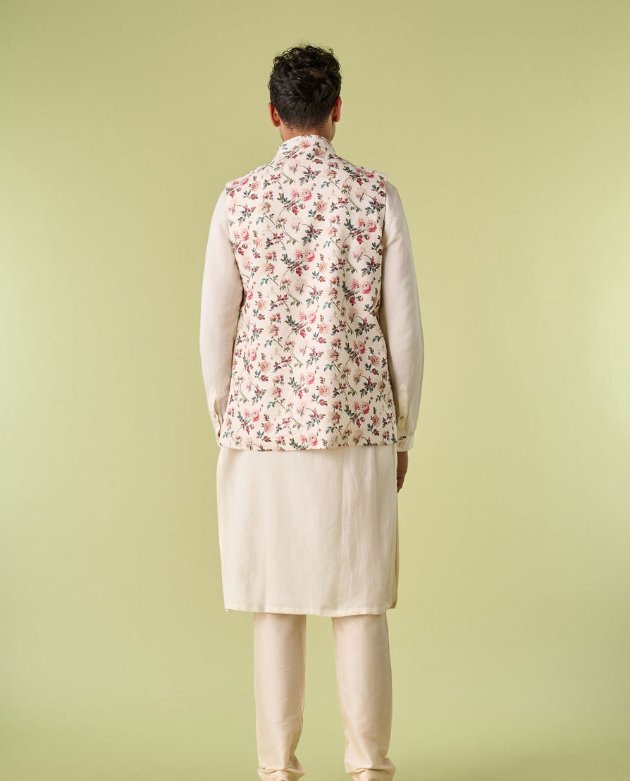 Diwas Men Light Cream Floral Print Kurta Jacket Set