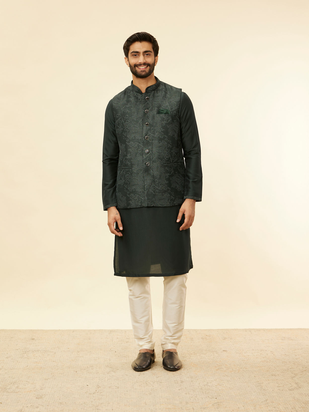 Manyavar Men Steel Grey Bel Buti Patterned Kurta Jacket Set