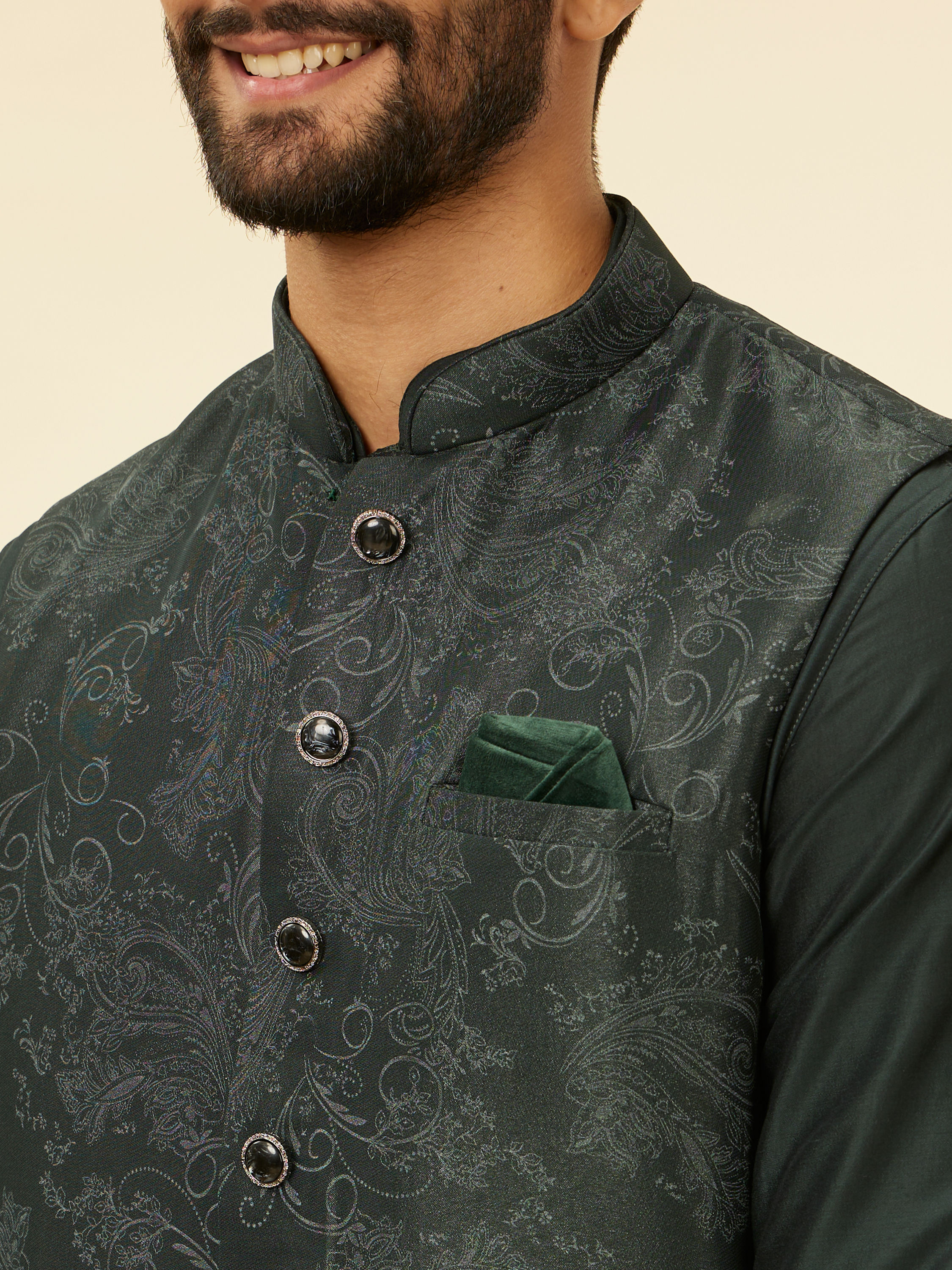 Manyavar Men Steel Grey Bel Buti Patterned Kurta Jacket Set