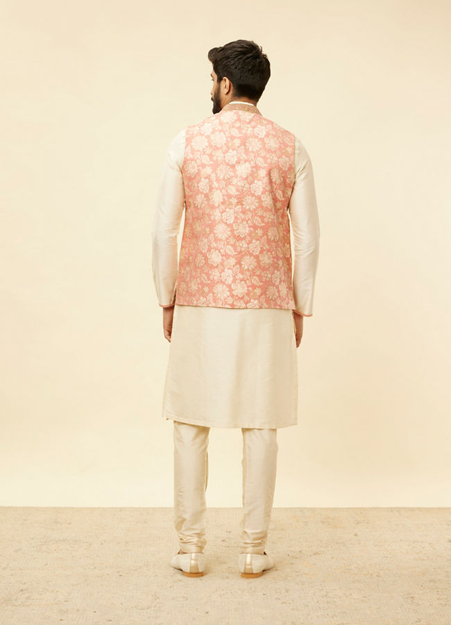 Manyavar Men Coral Pink Floral Patterned Kurta Jacket Set