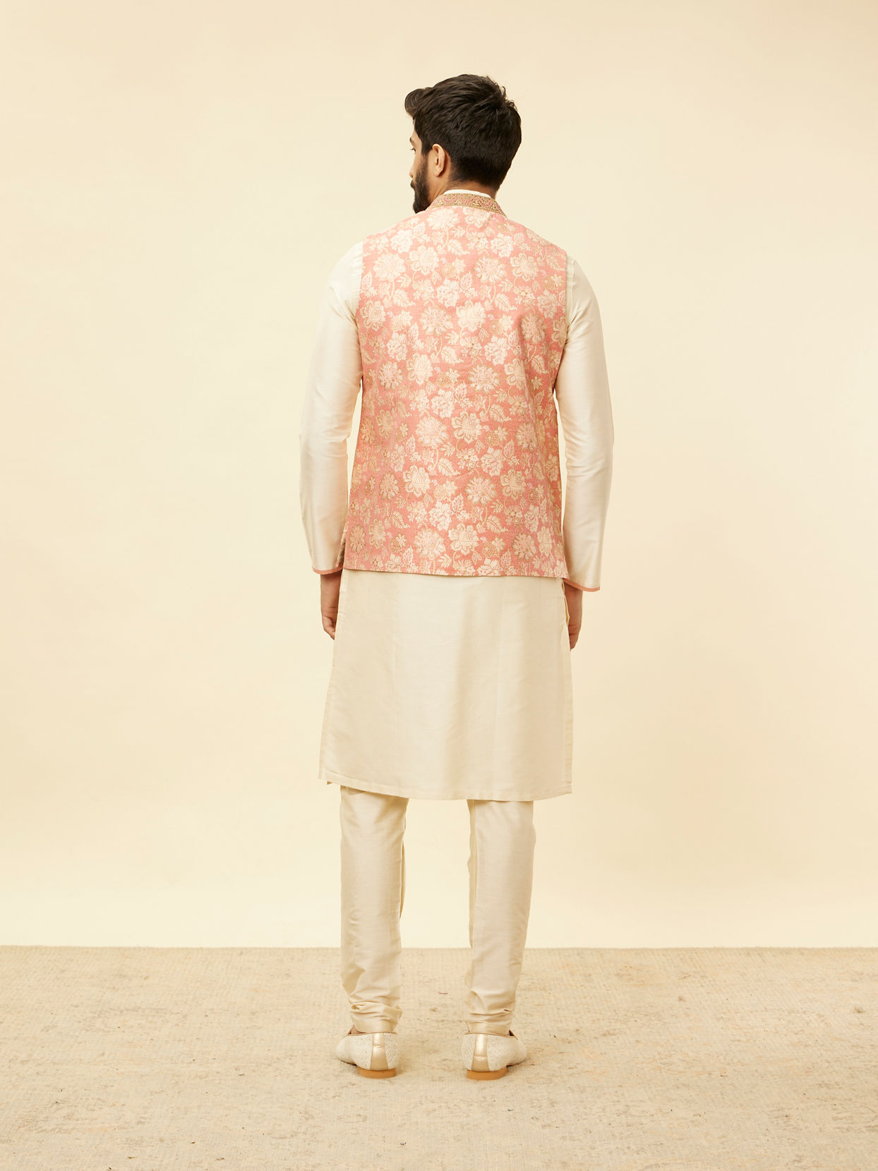 Manyavar Men Coral Pink Floral Patterned Kurta Jacket Set