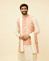 alt message - Manyavar Men Coral Pink Floral Patterned Kurta Jacket Set image number 0