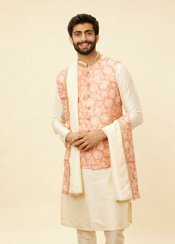 Manyavar Men Coral Pink Floral Patterned Kurta Jacket Set