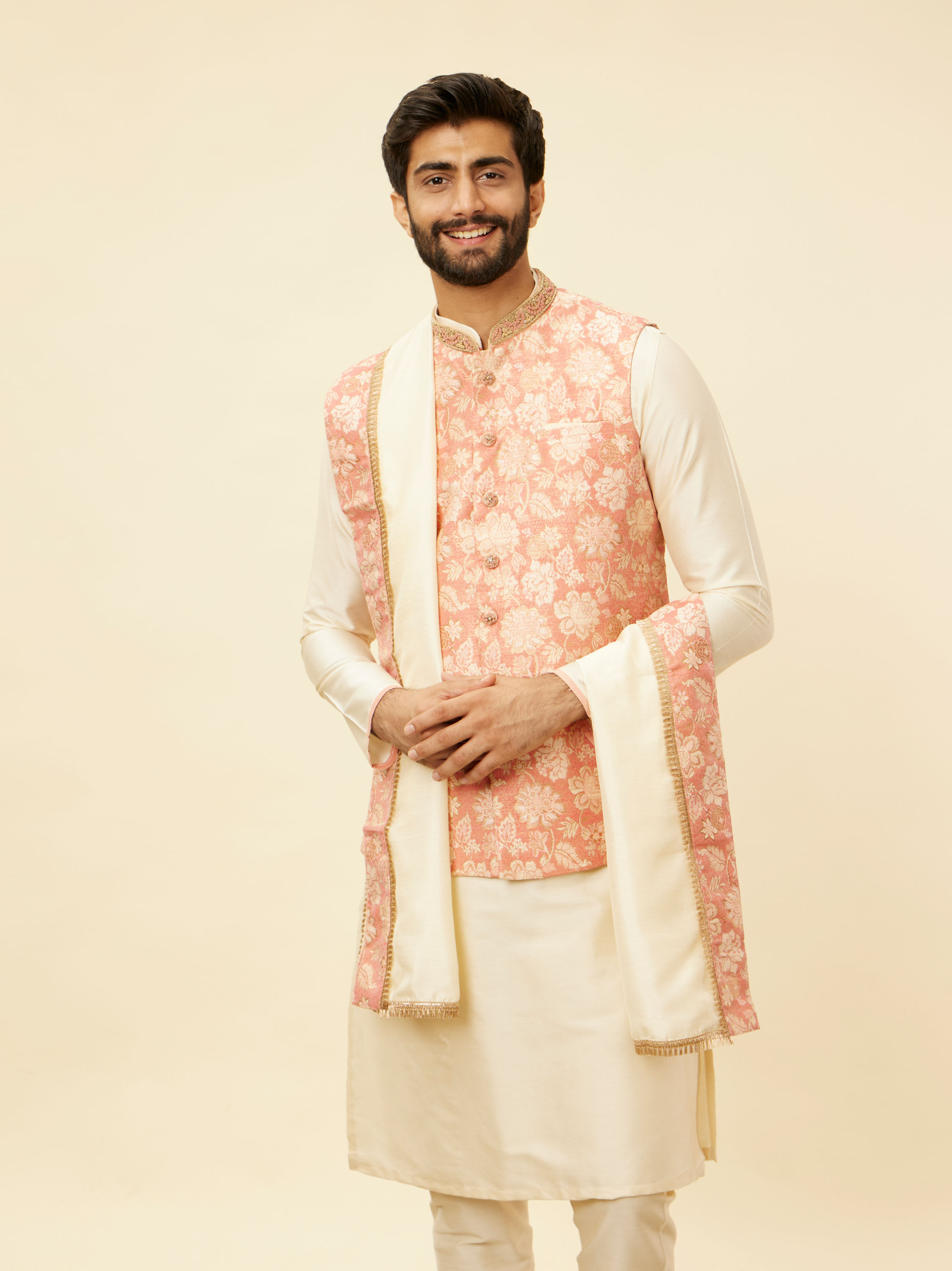 Manyavar Men Coral Pink Floral Patterned Kurta Jacket Set