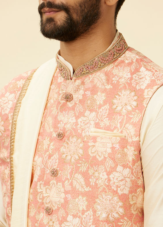 Manyavar Men Coral Pink Floral Patterned Kurta Jacket Set