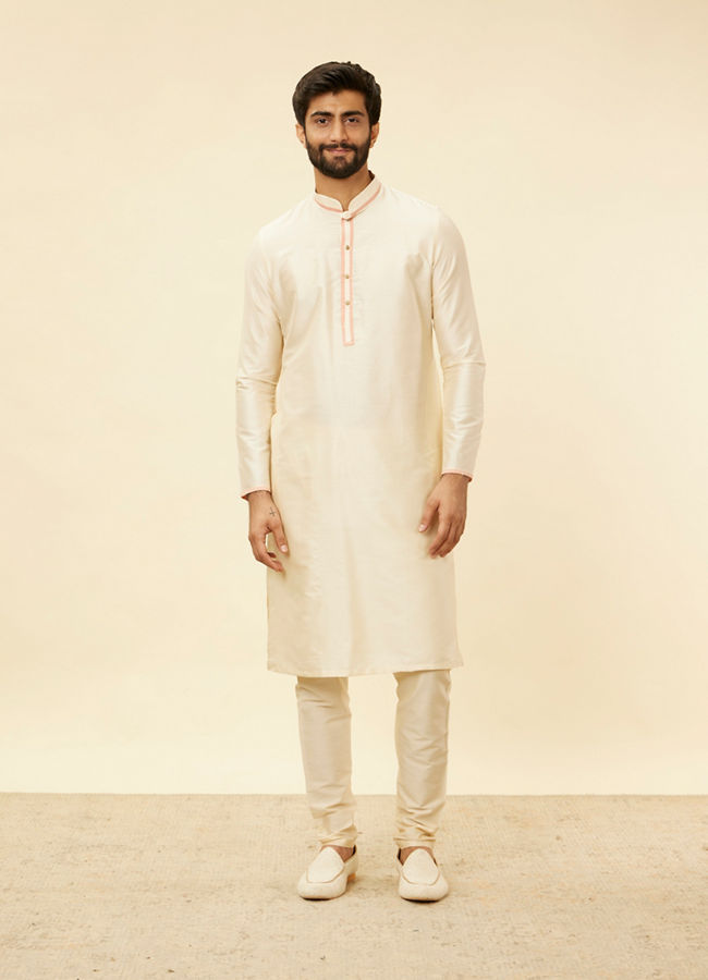 Manyavar Men Coral Pink Floral Patterned Kurta Jacket Set