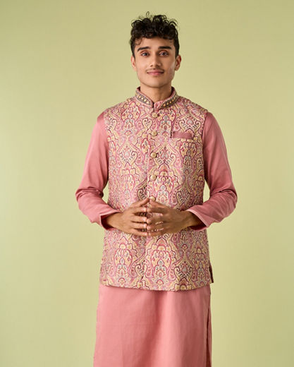 Diwas Men Quartz Pink Medallion Patterned Chikankari Jacket Set
