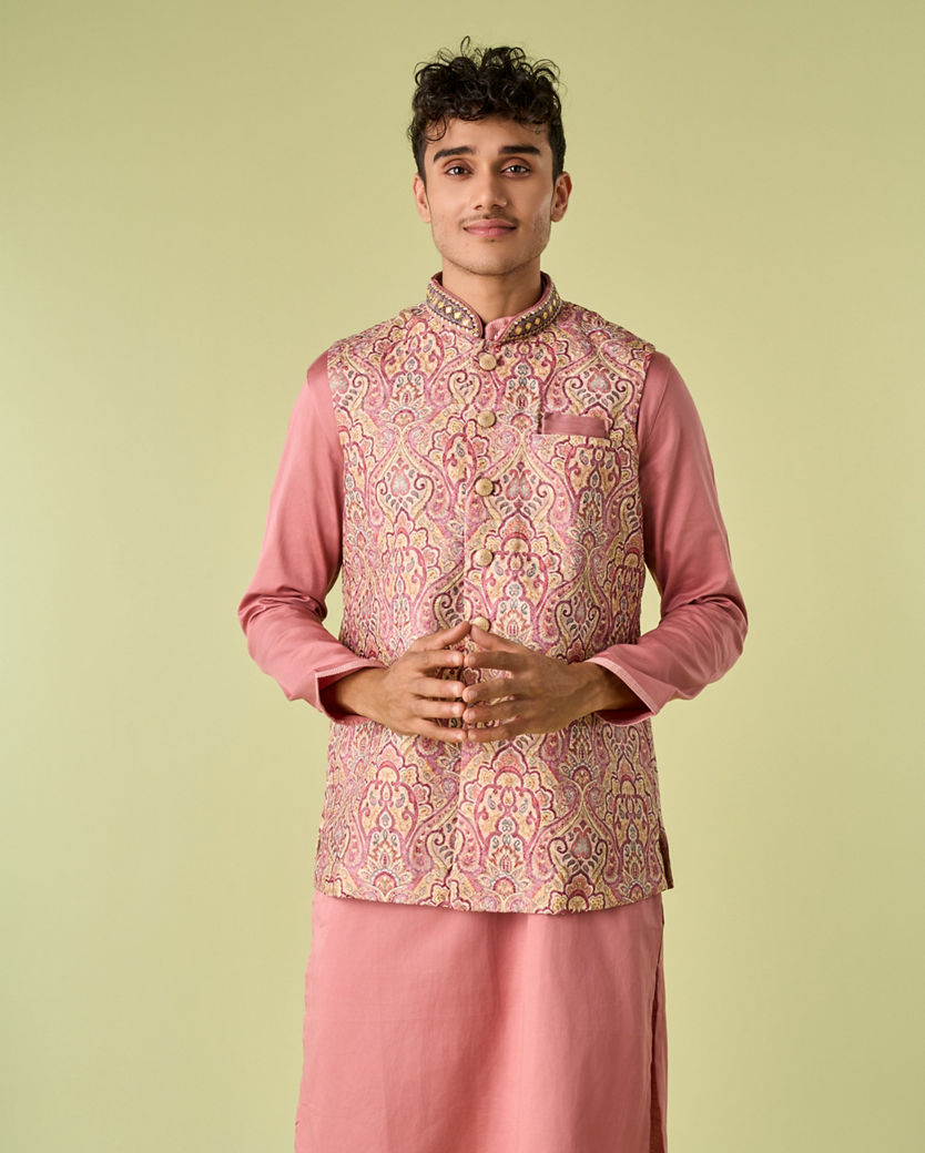 Diwas Men Quartz Pink Medallion Patterned Chikankari Jacket Set