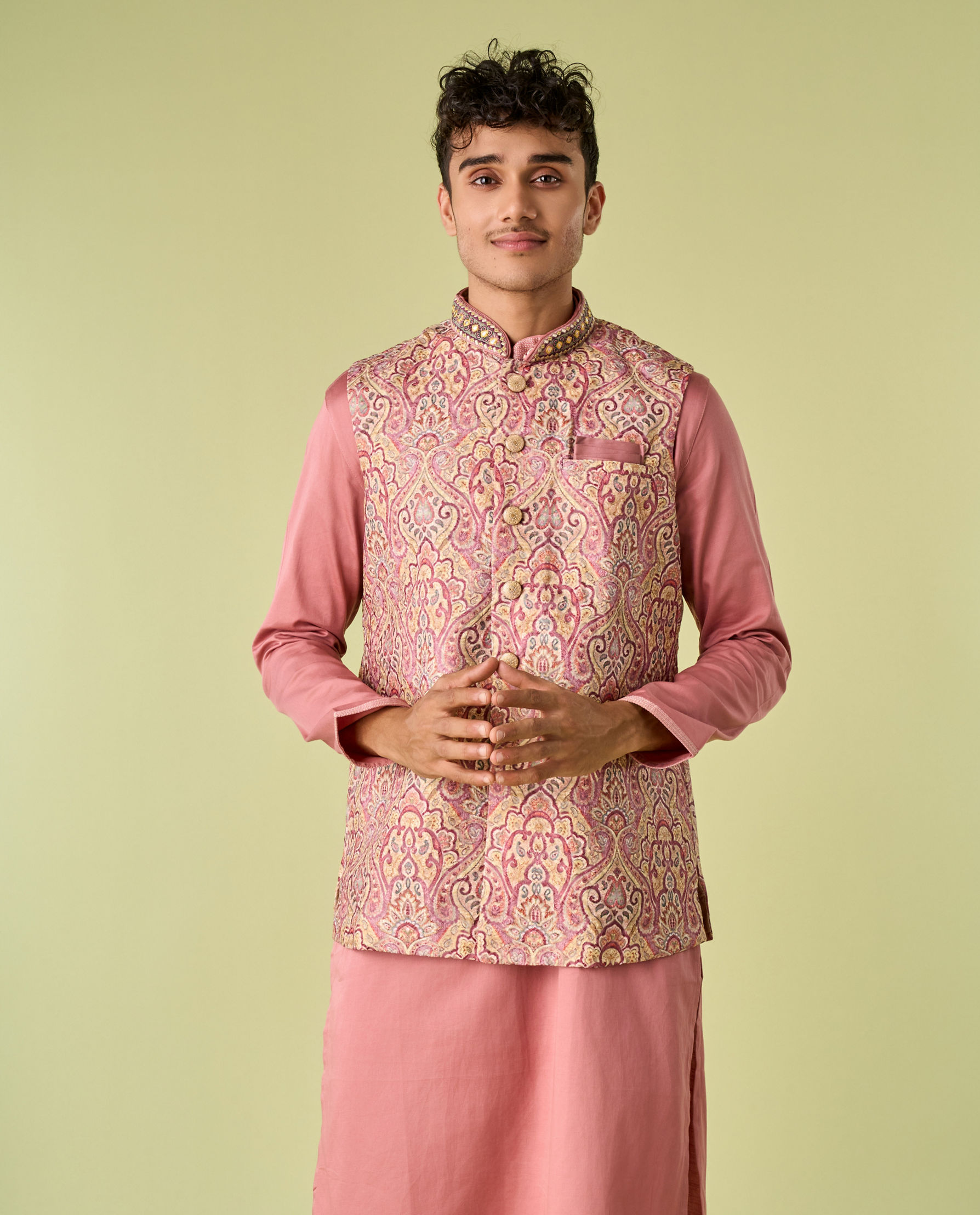 Diwas Men Quartz Pink Medallion Patterned Chikankari Jacket Set