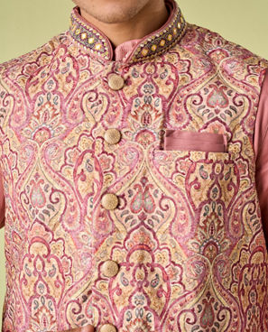 Diwas Men Quartz Pink Medallion Patterned Chikankari Jacket Set
