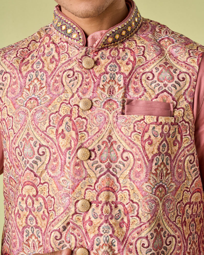 Diwas Men Quartz Pink Medallion Patterned Chikankari Jacket Set