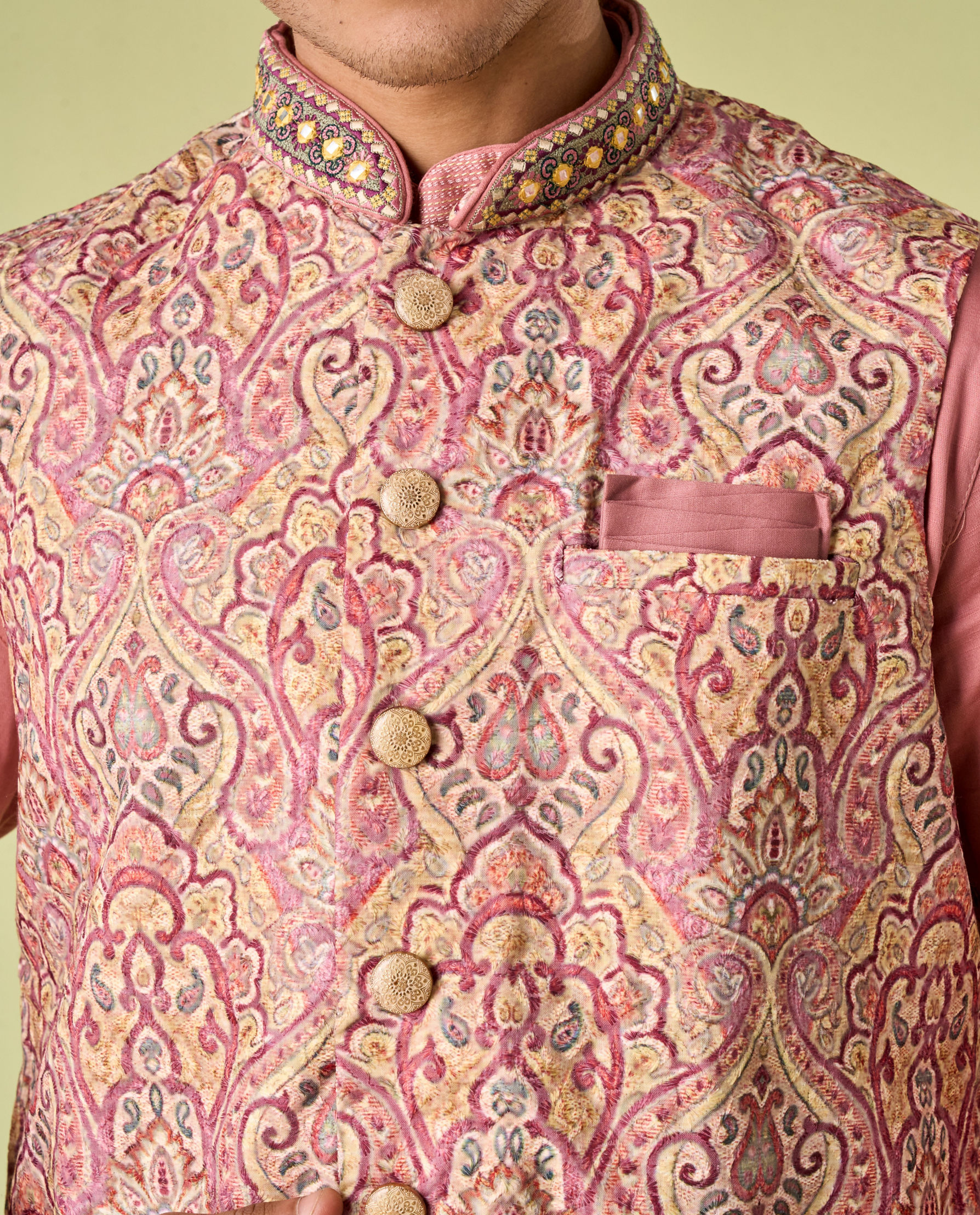Diwas Men Quartz Pink Medallion Patterned Chikankari Jacket Set