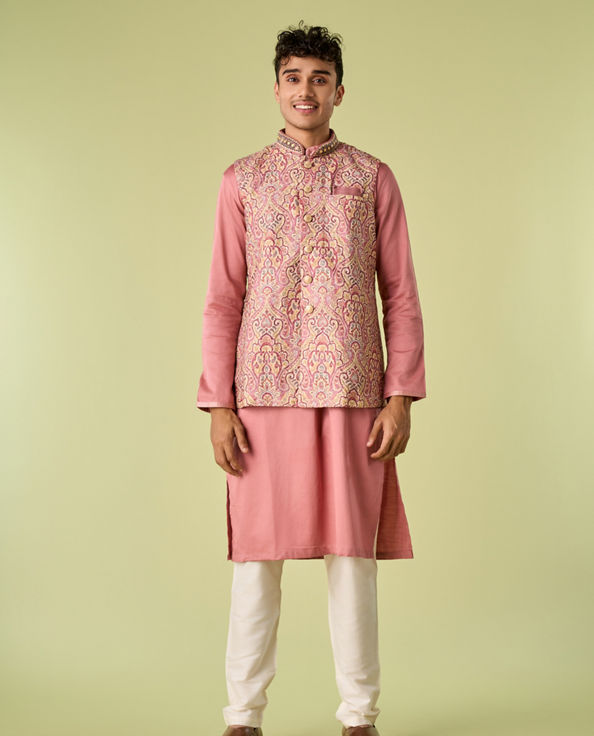 Diwas Men Quartz Pink Medallion Patterned Chikankari Jacket Set
