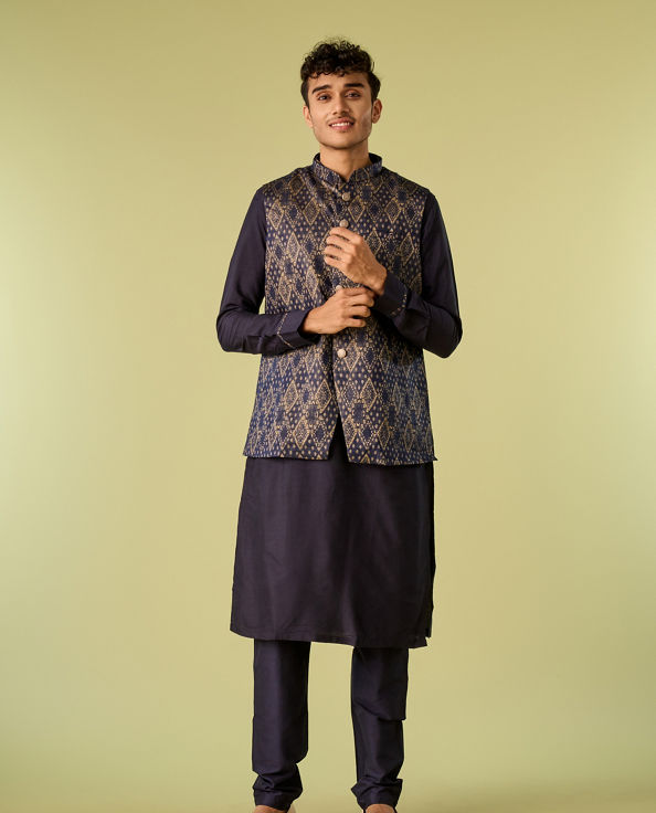 Diwas Men Deep Blue Jacket Set with Contrasting Diamond Patterns