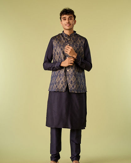 Diwas Men Deep Blue Jacket Set with Contrasting Diamond Patterns