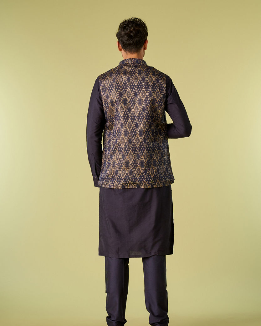 Diwas Men Deep Blue Jacket Set with Contrasting Diamond Patterns