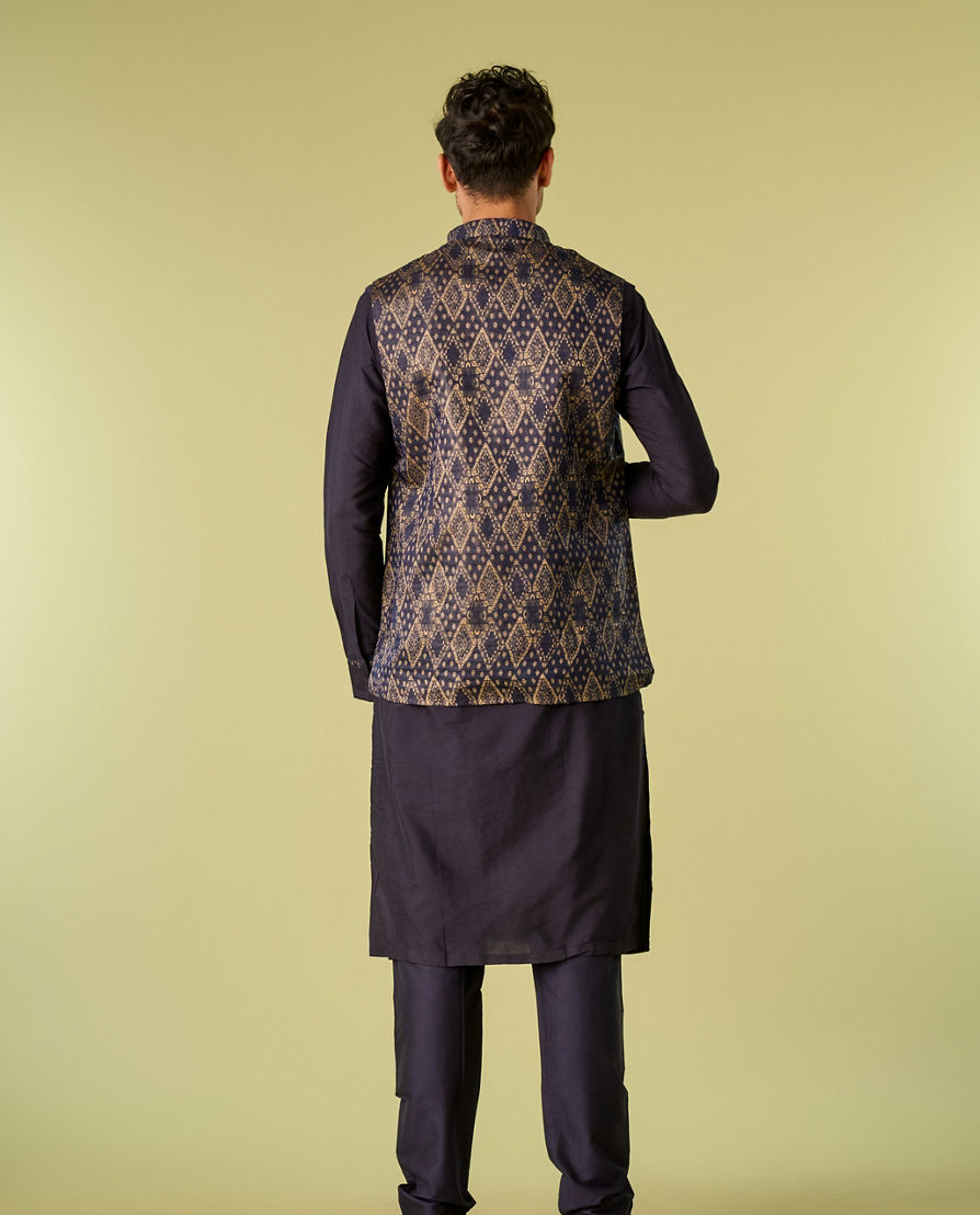 Diwas Men Deep Blue Jacket Set with Contrasting Diamond Patterns