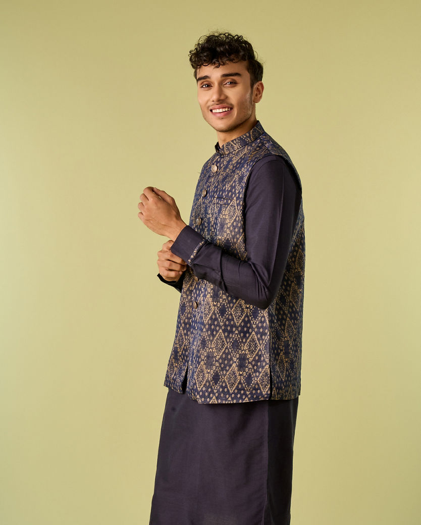 Diwas Men Deep Blue Jacket Set with Contrasting Diamond Patterns