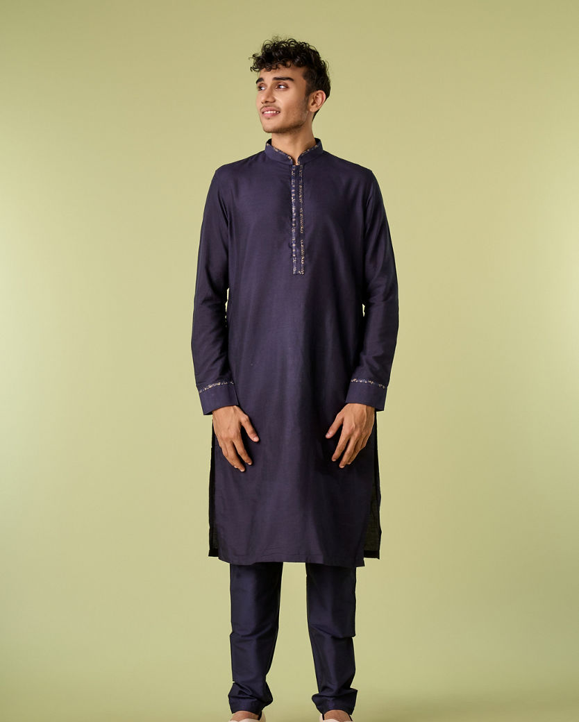 Diwas Men Deep Blue Jacket Set with Contrasting Diamond Patterns