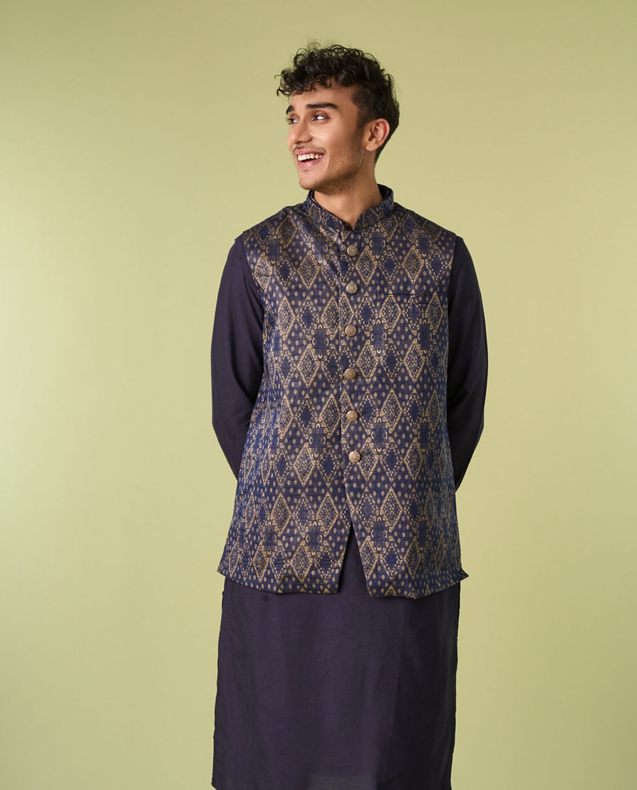 Diwas Men Deep Blue Jacket Set with Contrasting Diamond Patterns