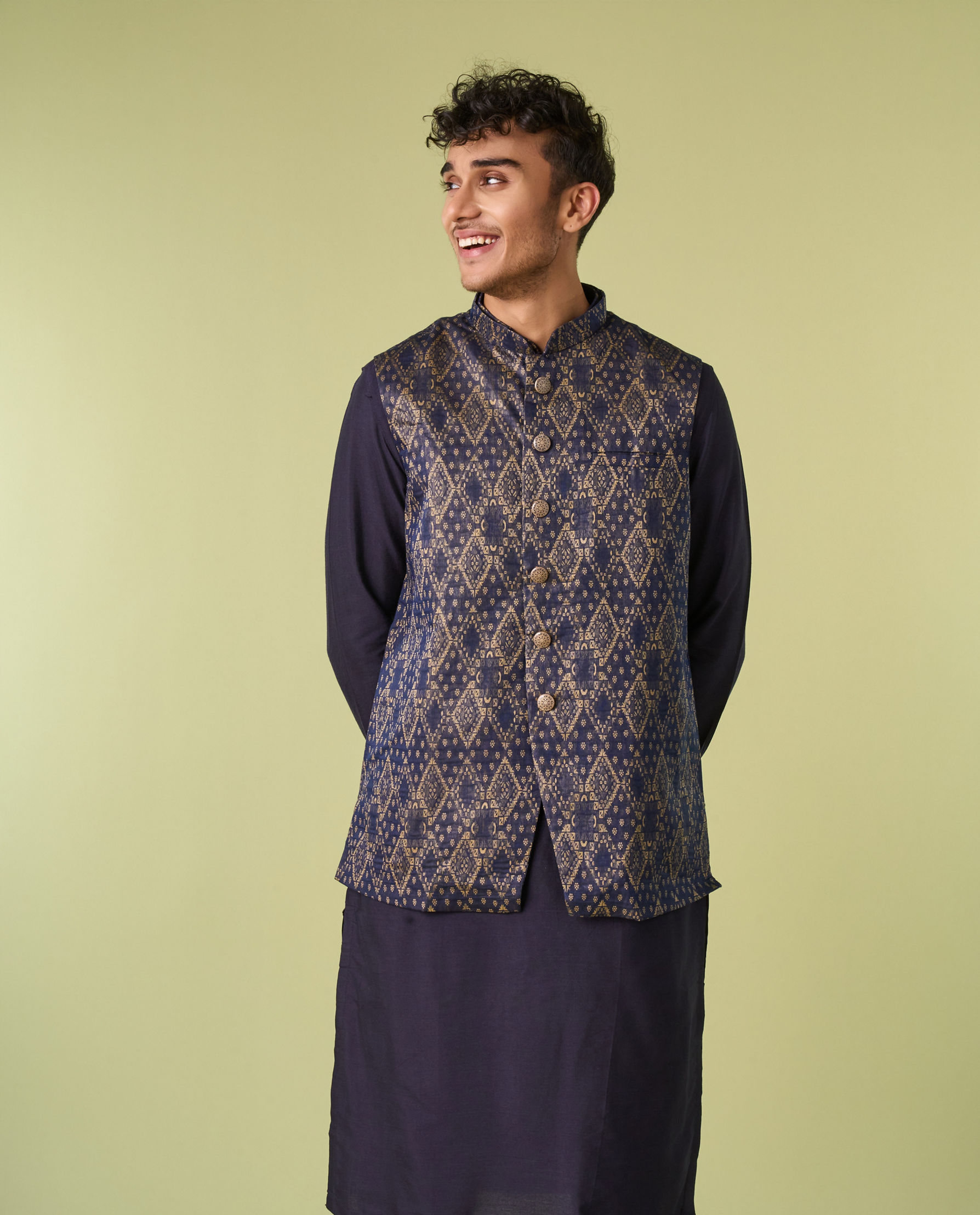 Diwas Men Deep Blue Jacket Set with Contrasting Diamond Patterns
