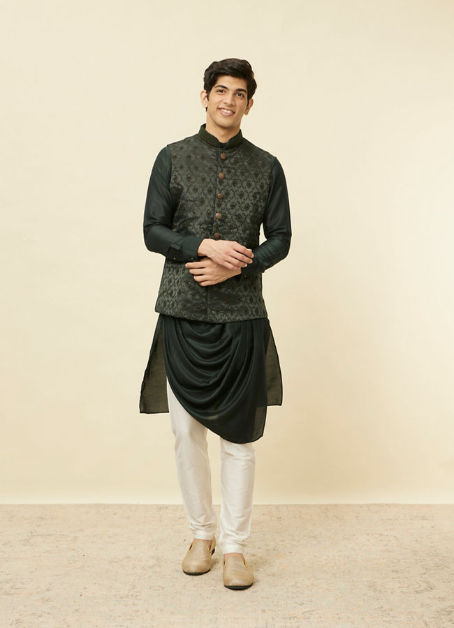 Manyavar Men Forest Green Mughal Motif Jacket Set