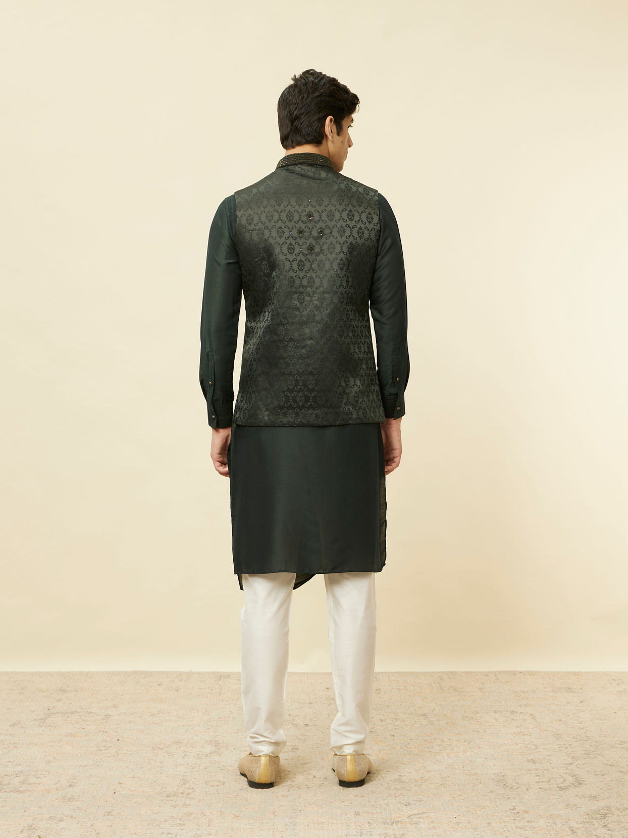Manyavar Men Forest Green Mughal Motif Jacket Set
